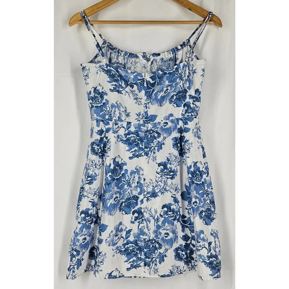 REFORMATION WOMEN'S BLUE FLORAL SUMMER DRESS – SIZE 4, 100% LINEN